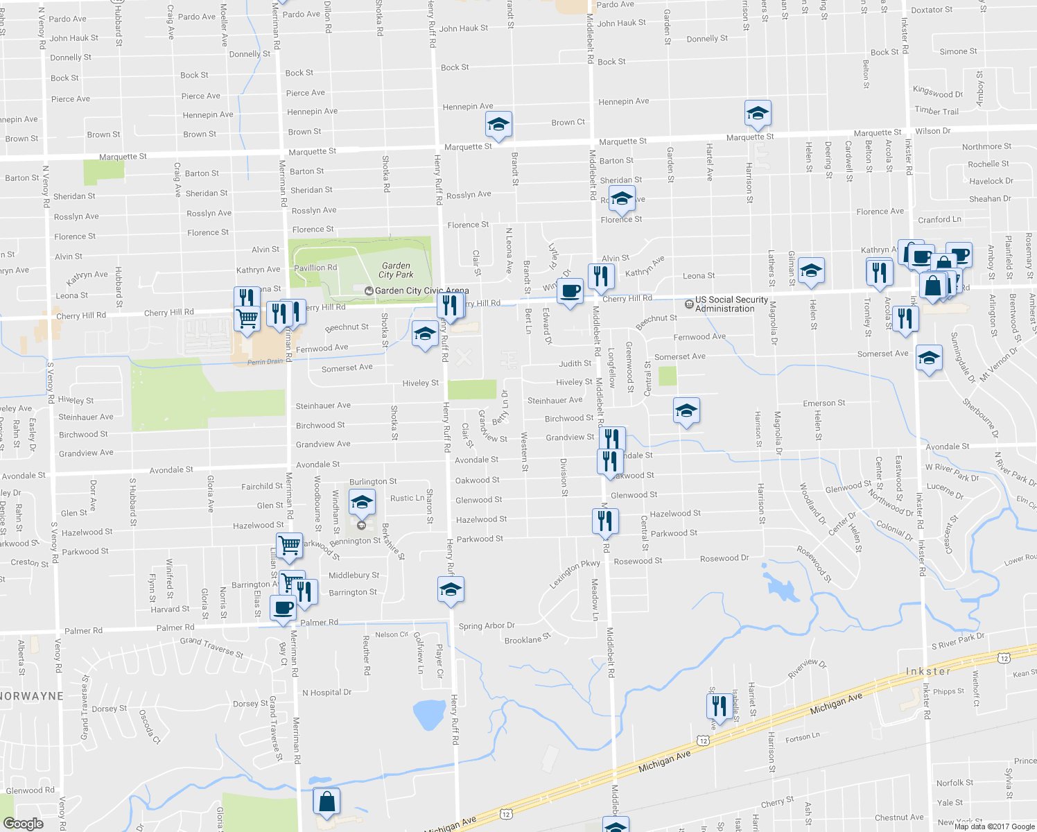 map of restaurants, bars, coffee shops, grocery stores, and more near 650 Western Street in Inkster