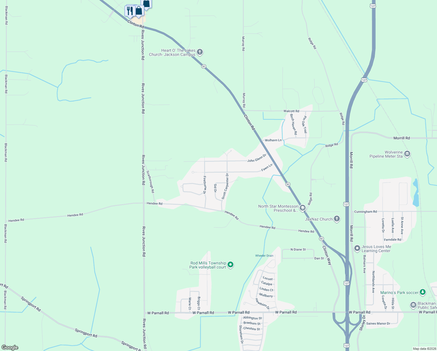 map of restaurants, bars, coffee shops, grocery stores, and more near 3113 Fawn Lane in Jackson