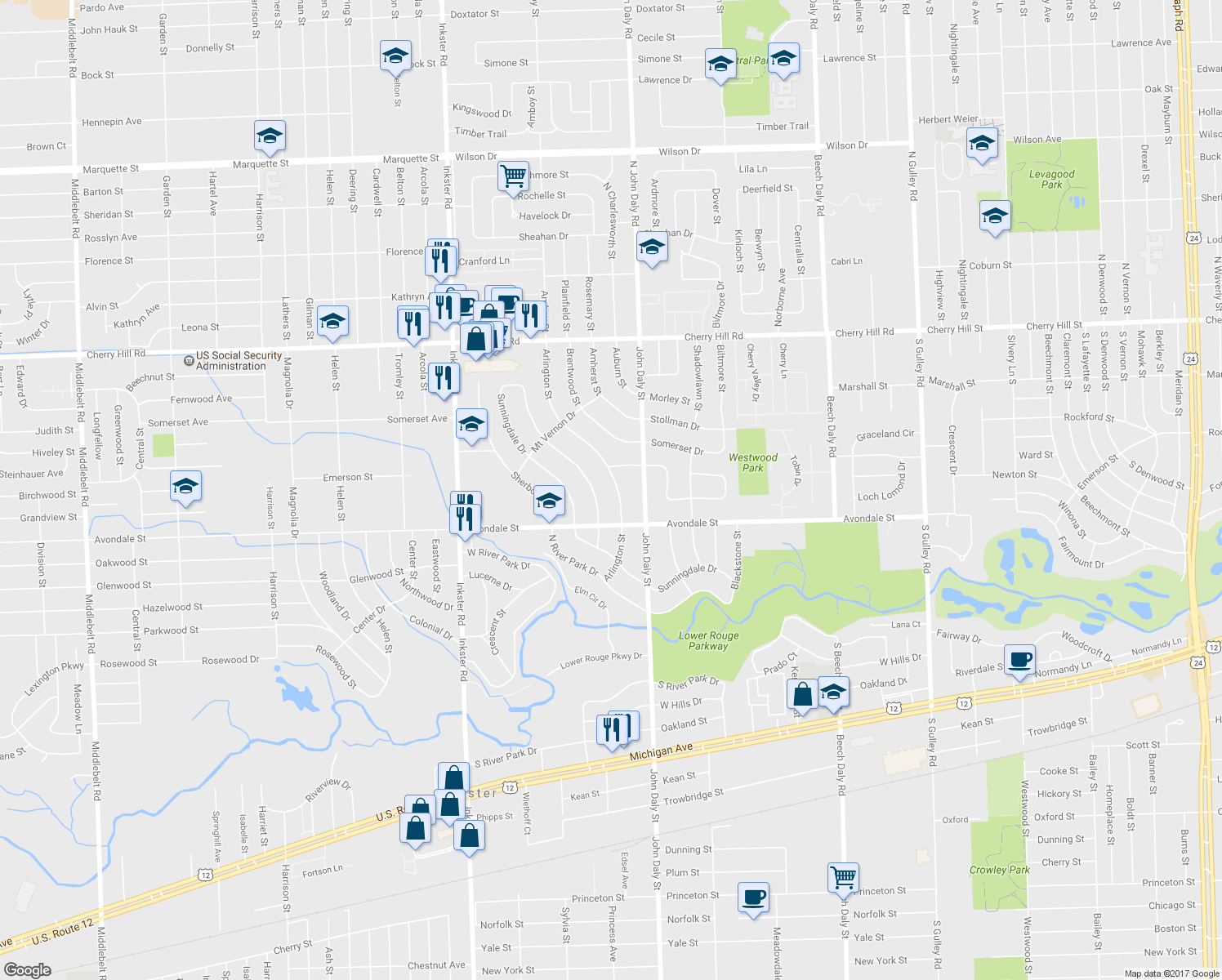 map of restaurants, bars, coffee shops, grocery stores, and more near 814 Arlington St in Inkster