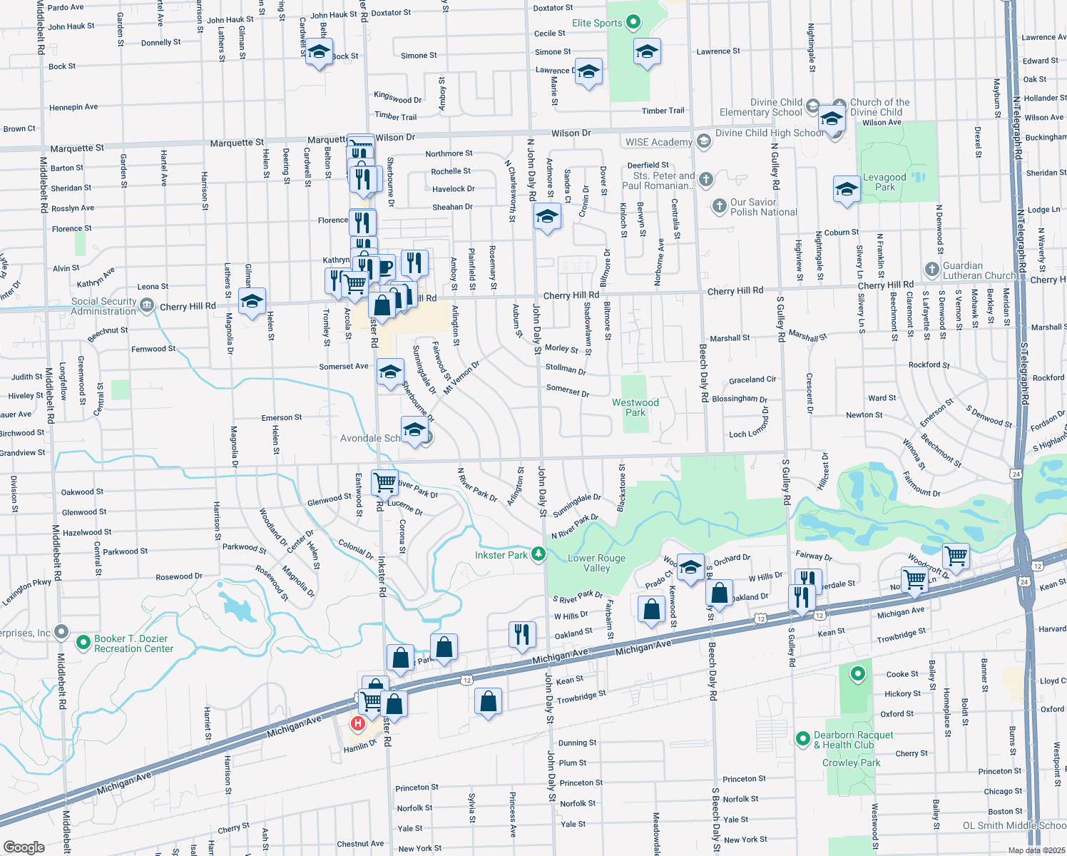 map of restaurants, bars, coffee shops, grocery stores, and more near 768 John Daly St in Inkster