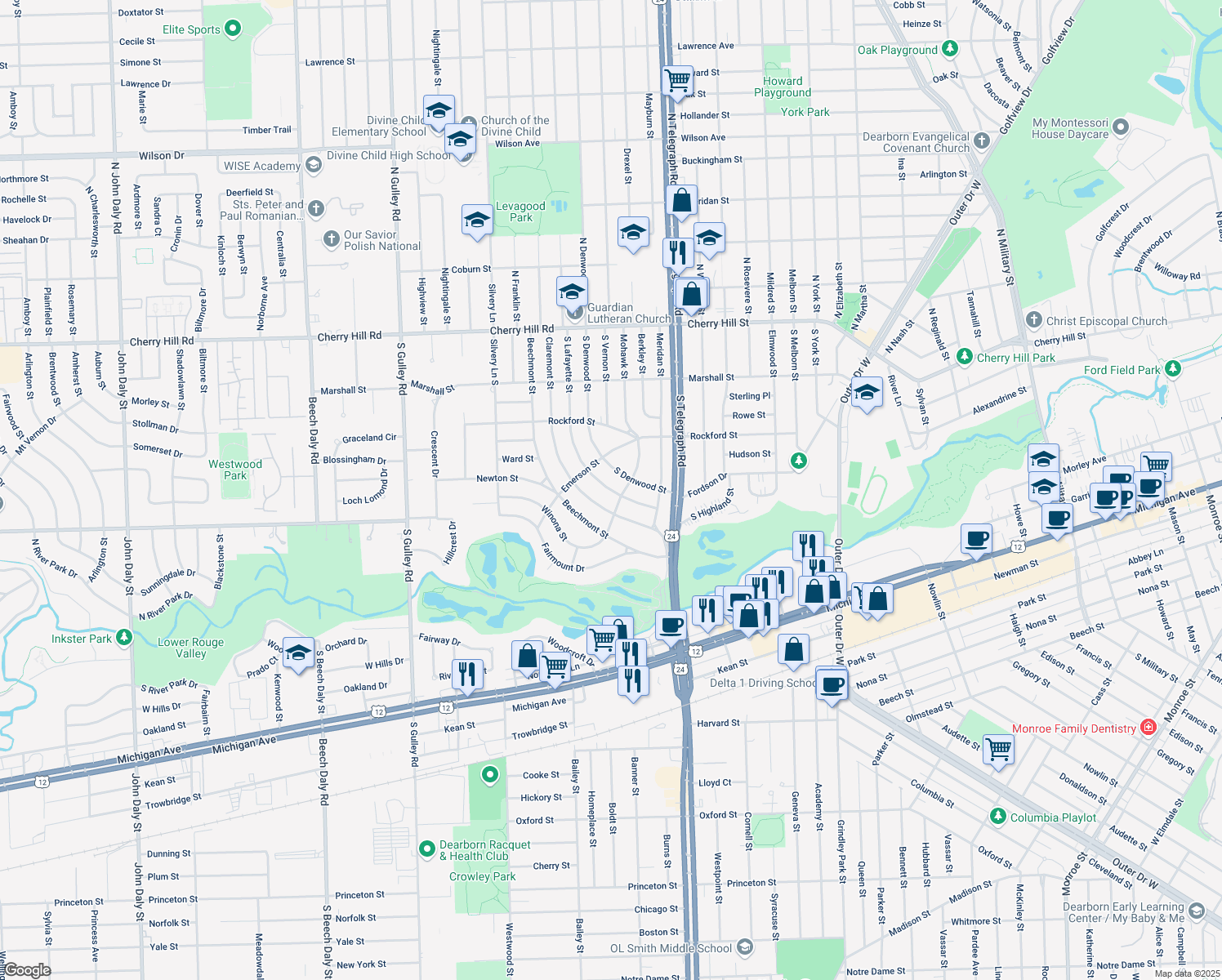 map of restaurants, bars, coffee shops, grocery stores, and more near 830 South Lafayette Street in Dearborn