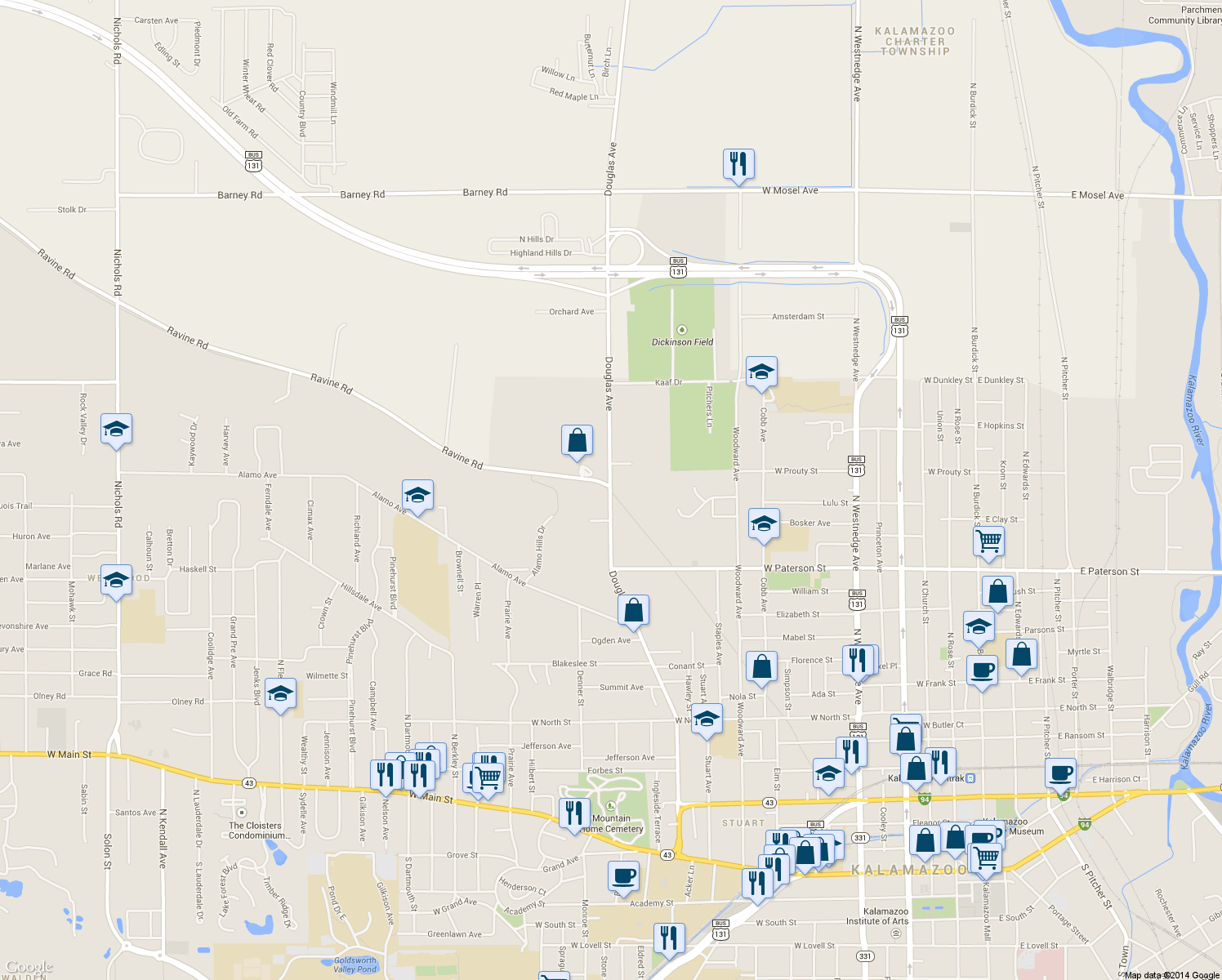 map of restaurants, bars, coffee shops, grocery stores, and more near 1437 Douglas Ave in Kalamazoo Township