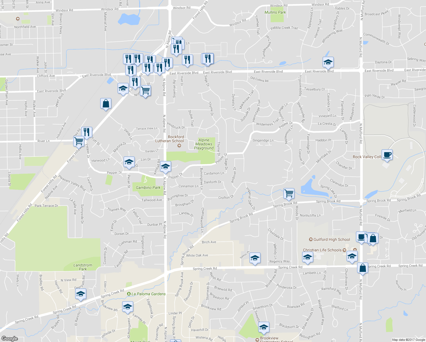map of restaurants, bars, coffee shops, grocery stores, and more near 4878 Cardamon Lane in Rockford