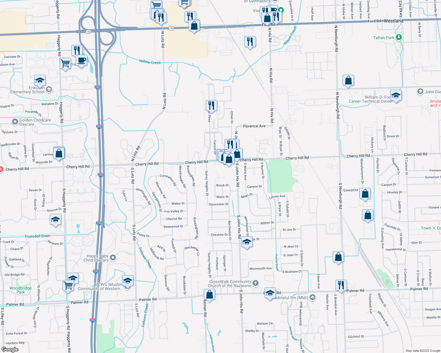 map of restaurants, bars, coffee shops, grocery stores, and more near 223 Dawson Court in Westland