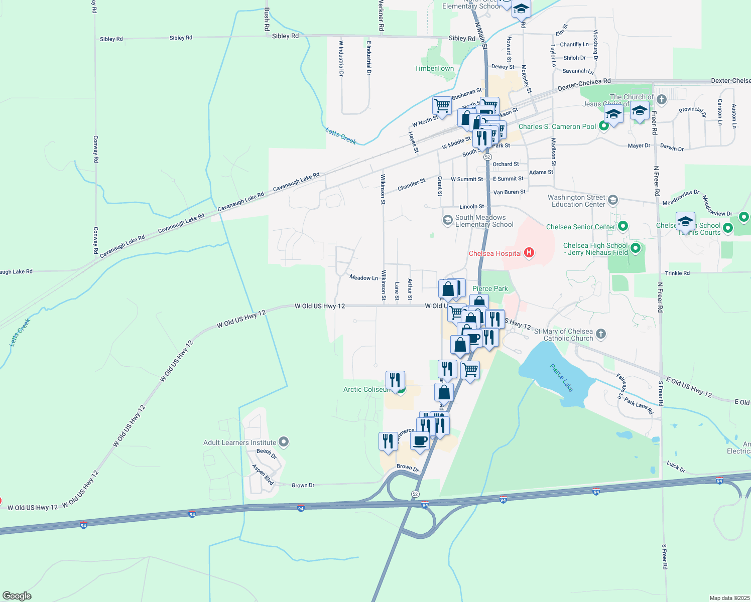 map of restaurants, bars, coffee shops, grocery stores, and more near 20186 West Old US Highway 12 in Chelsea