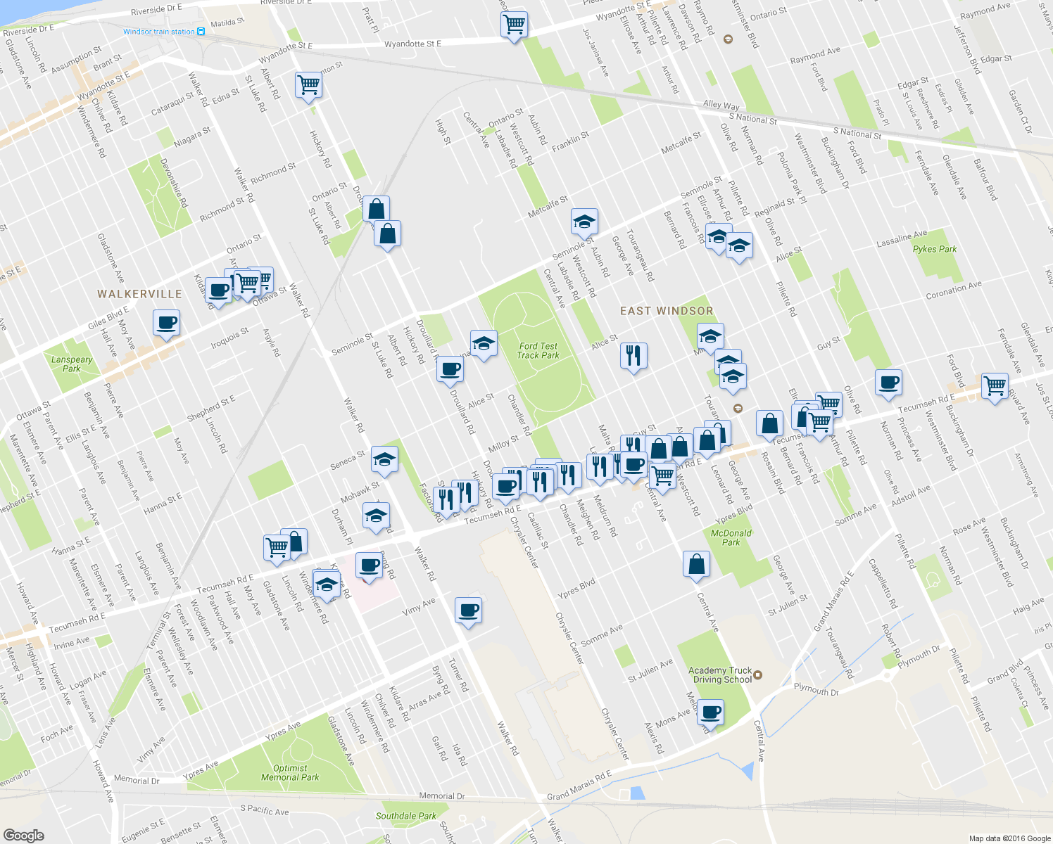 map of restaurants, bars, coffee shops, grocery stores, and more near 1780 Chandler Road in Windsor