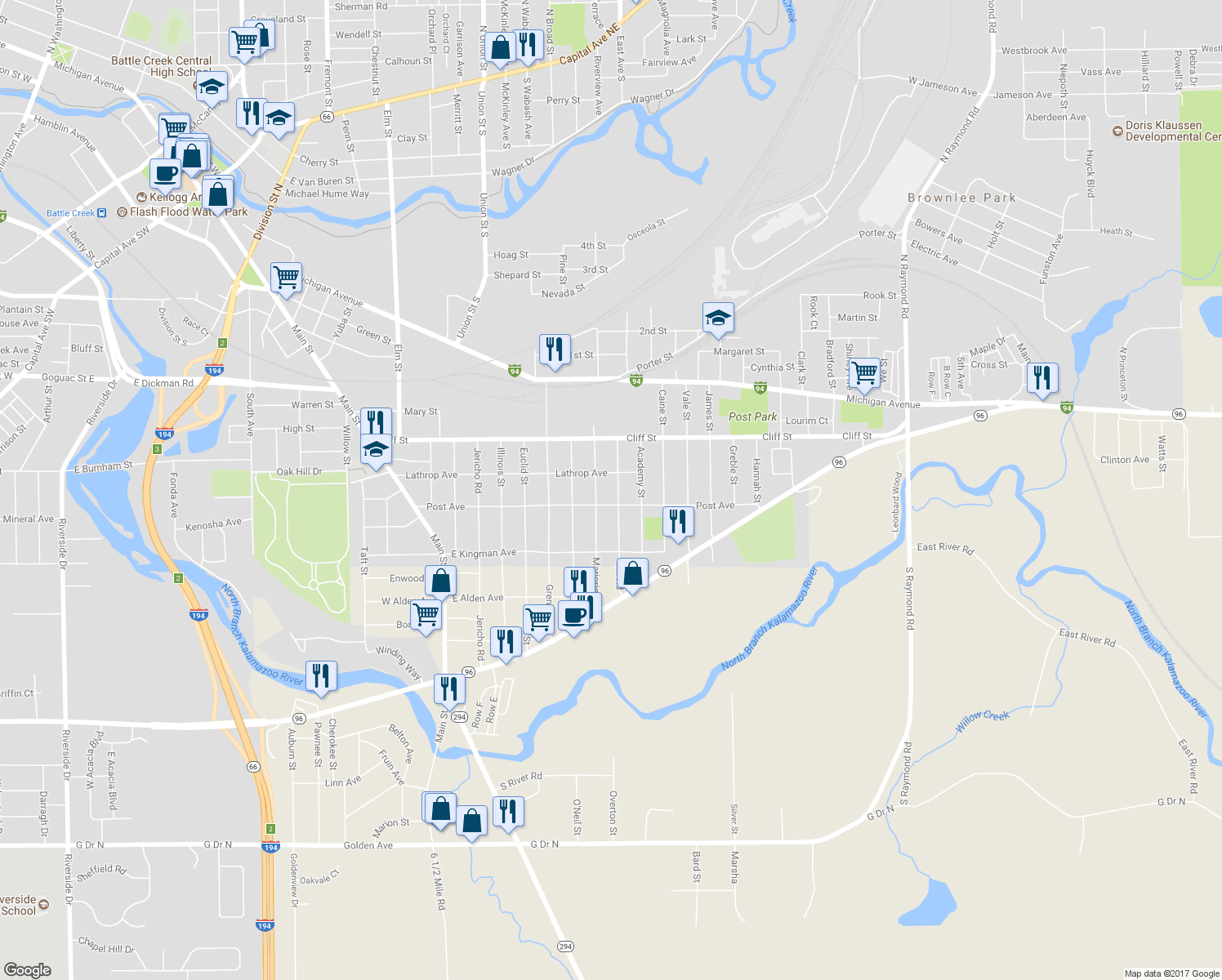 map of restaurants, bars, coffee shops, grocery stores, and more near 62 Inn Road in Battle Creek