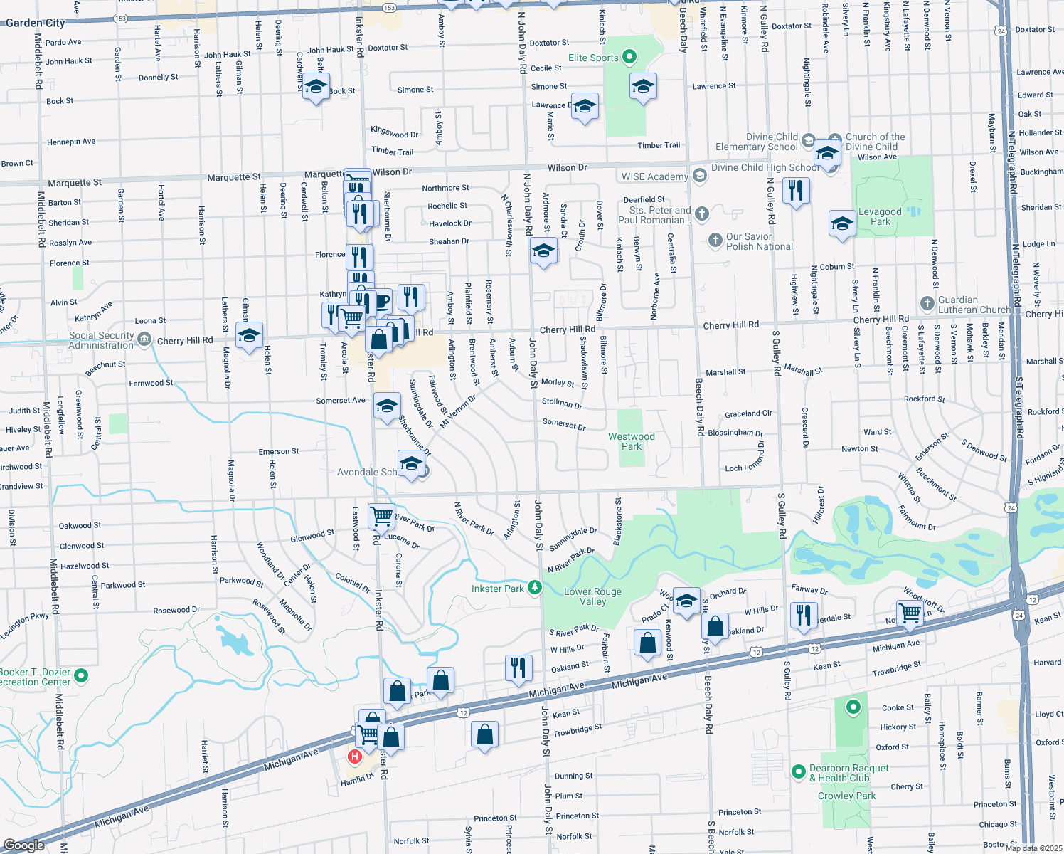 map of restaurants, bars, coffee shops, grocery stores, and more near 494 Brentwood Street in Inkster