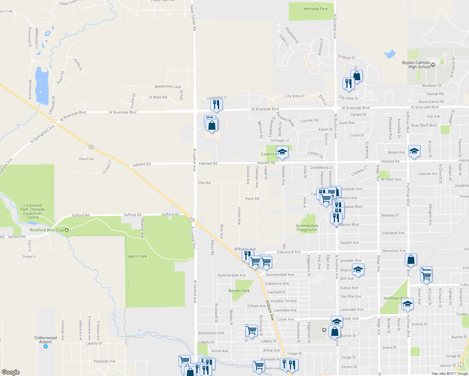 map of restaurants, bars, coffee shops, grocery stores, and more near 3312 Ellis Road in Rockford