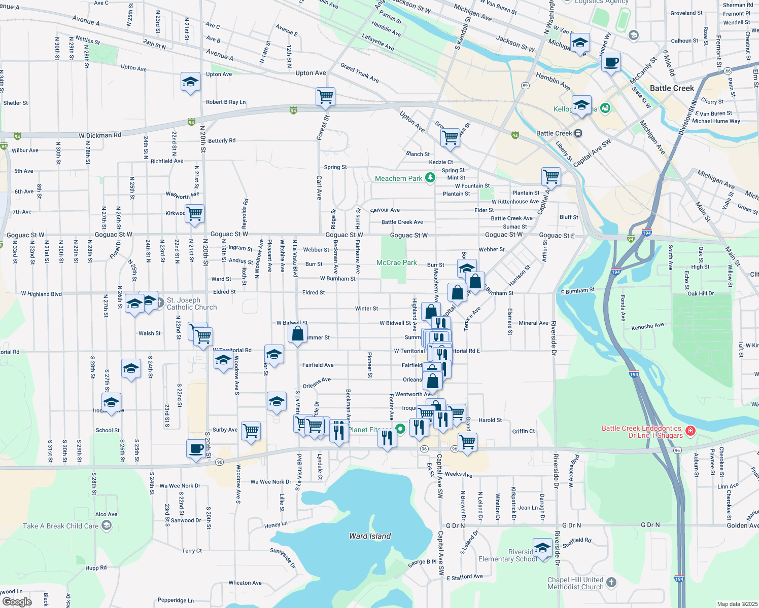 map of restaurants, bars, coffee shops, grocery stores, and more near 106 Winter Street in Battle Creek