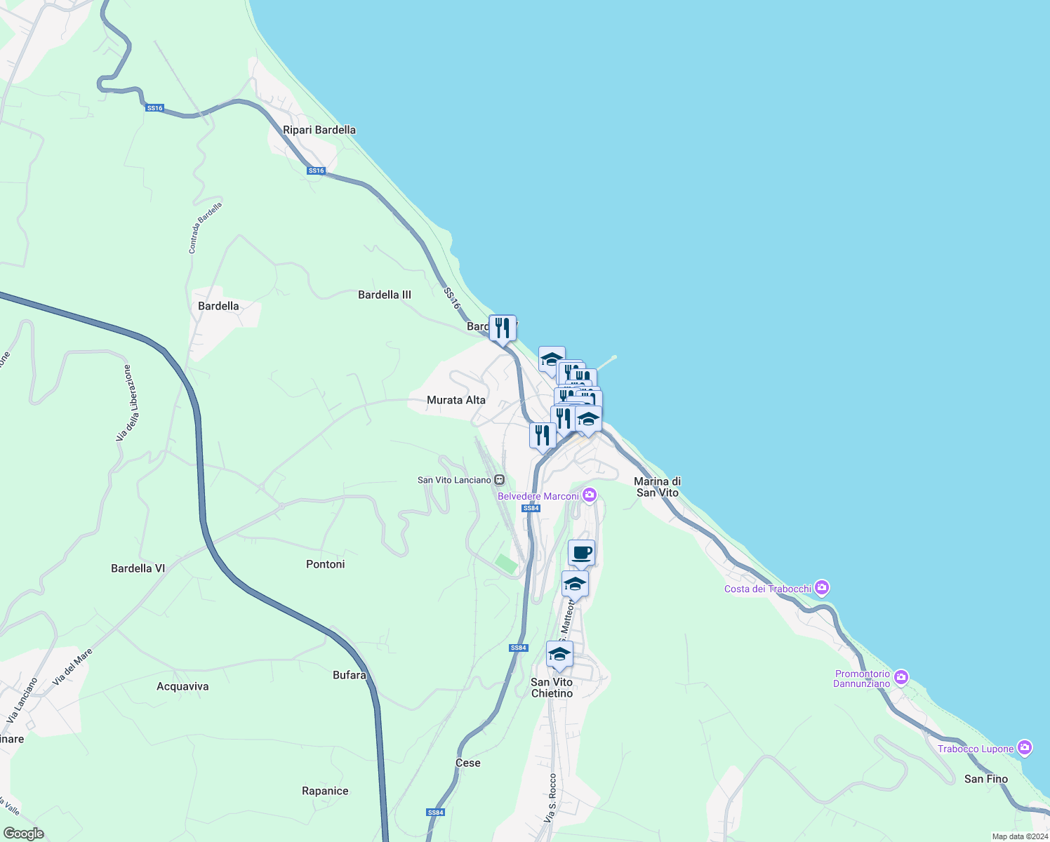 map of restaurants, bars, coffee shops, grocery stores, and more near 1 Via Murata in Marina di San Vito
