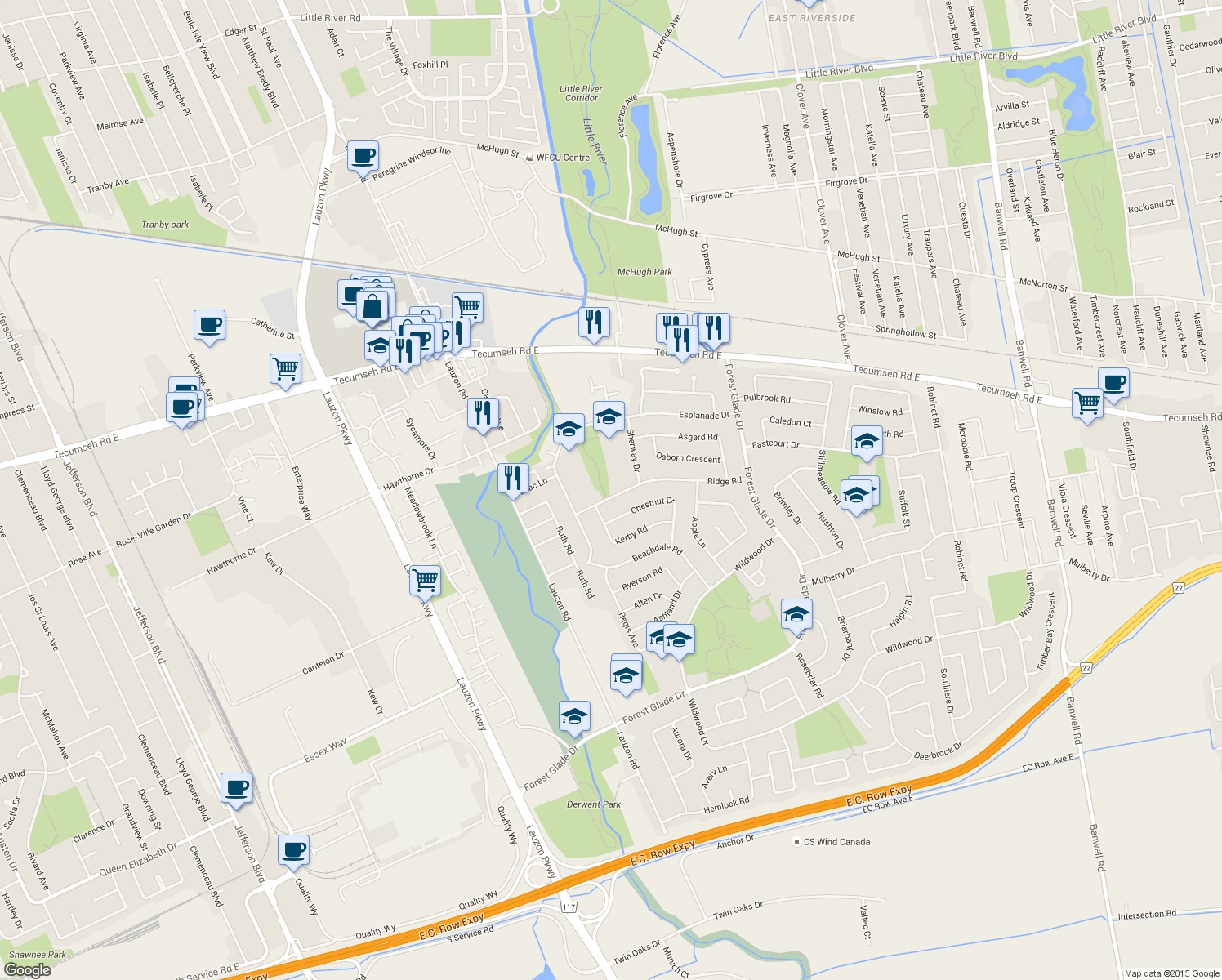 map of restaurants, bars, coffee shops, grocery stores, and more near 9470 Ridge Road in Windsor