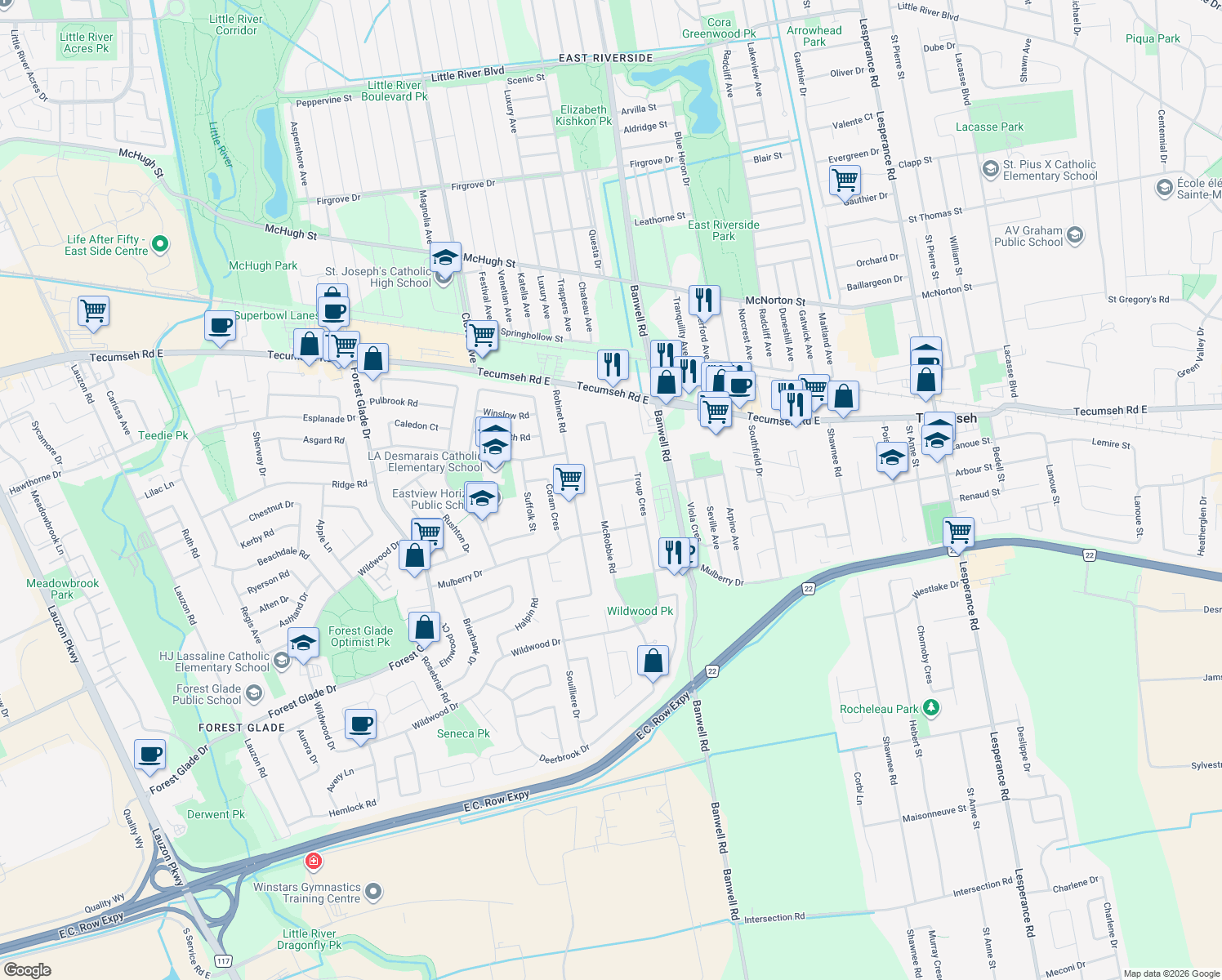 map of restaurants, bars, coffee shops, grocery stores, and more near 11225 Urban Lane in Windsor