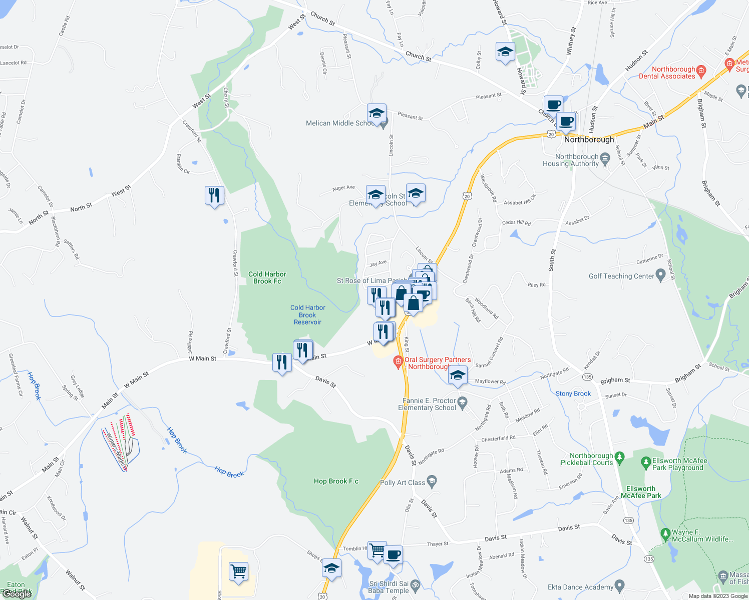 map of restaurants, bars, coffee shops, grocery stores, and more near 9 Cyrus Way in Northborough