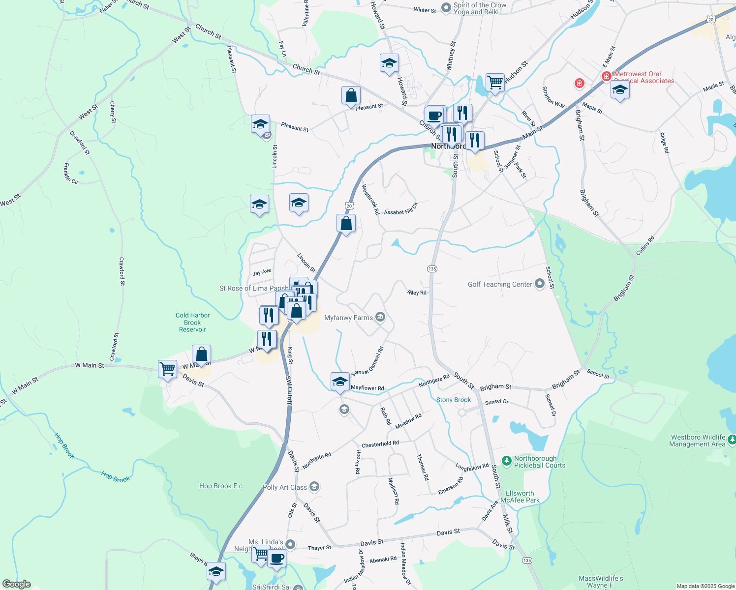 map of restaurants, bars, coffee shops, grocery stores, and more near 15 Fernbrook Road in Northborough