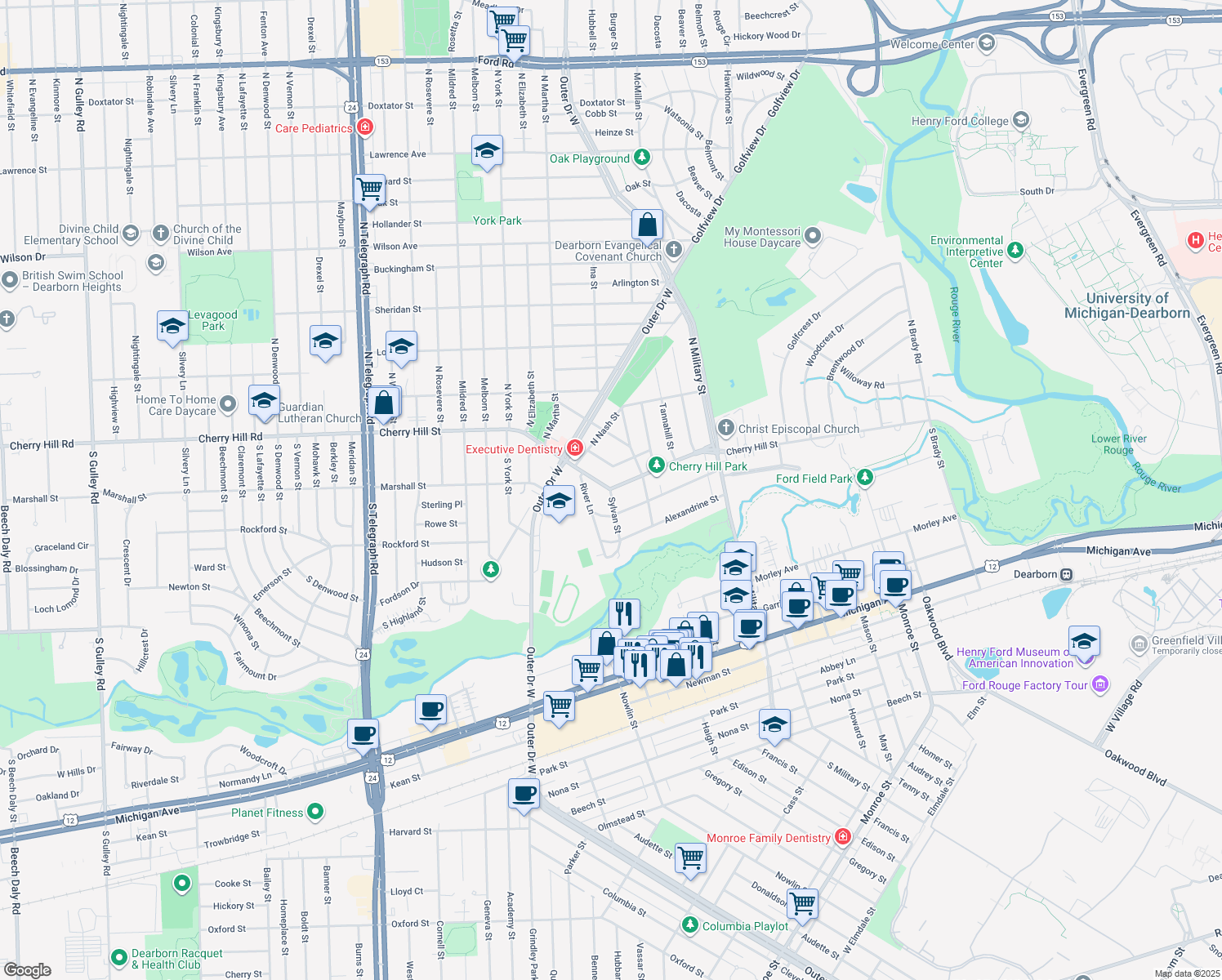 map of restaurants, bars, coffee shops, grocery stores, and more near 22900 Cherry Hill Street in Dearborn