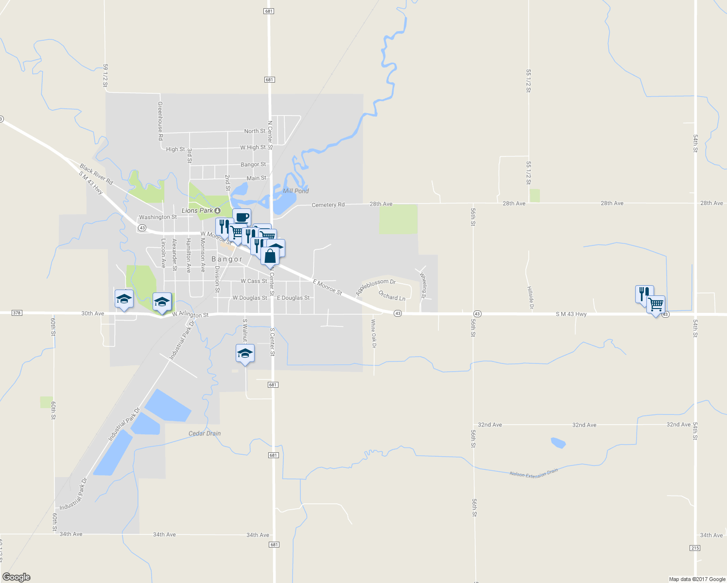 map of restaurants, bars, coffee shops, grocery stores, and more near 56989 Appleblossom Drive in Bangor