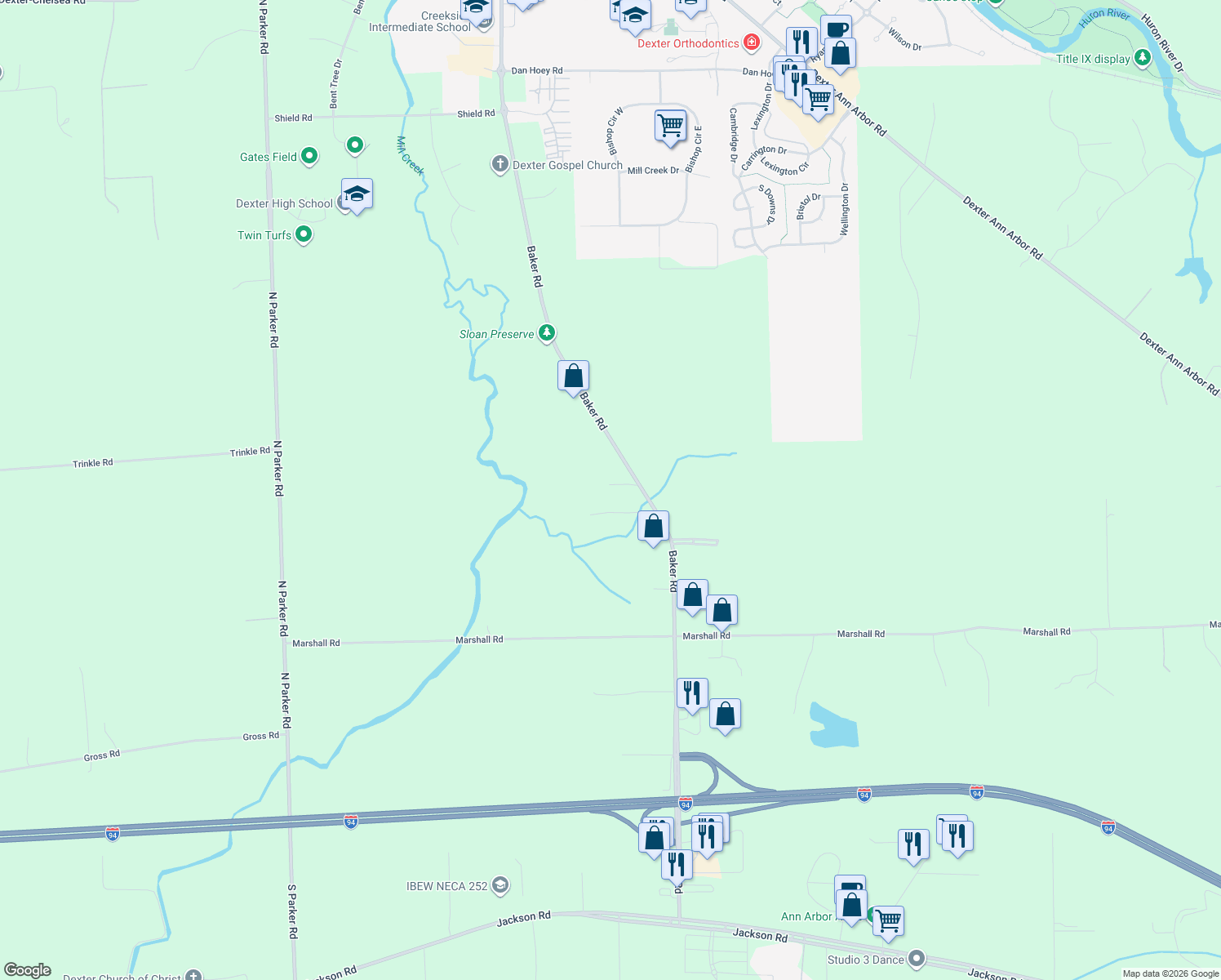 map of restaurants, bars, coffee shops, grocery stores, and more near 1689 Baker Road in Dexter