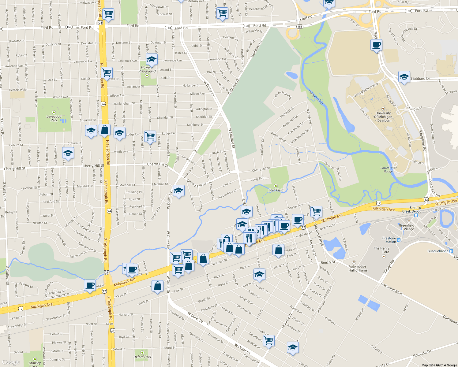 map of restaurants, bars, coffee shops, grocery stores, and more near 22517 Law Street in Dearborn