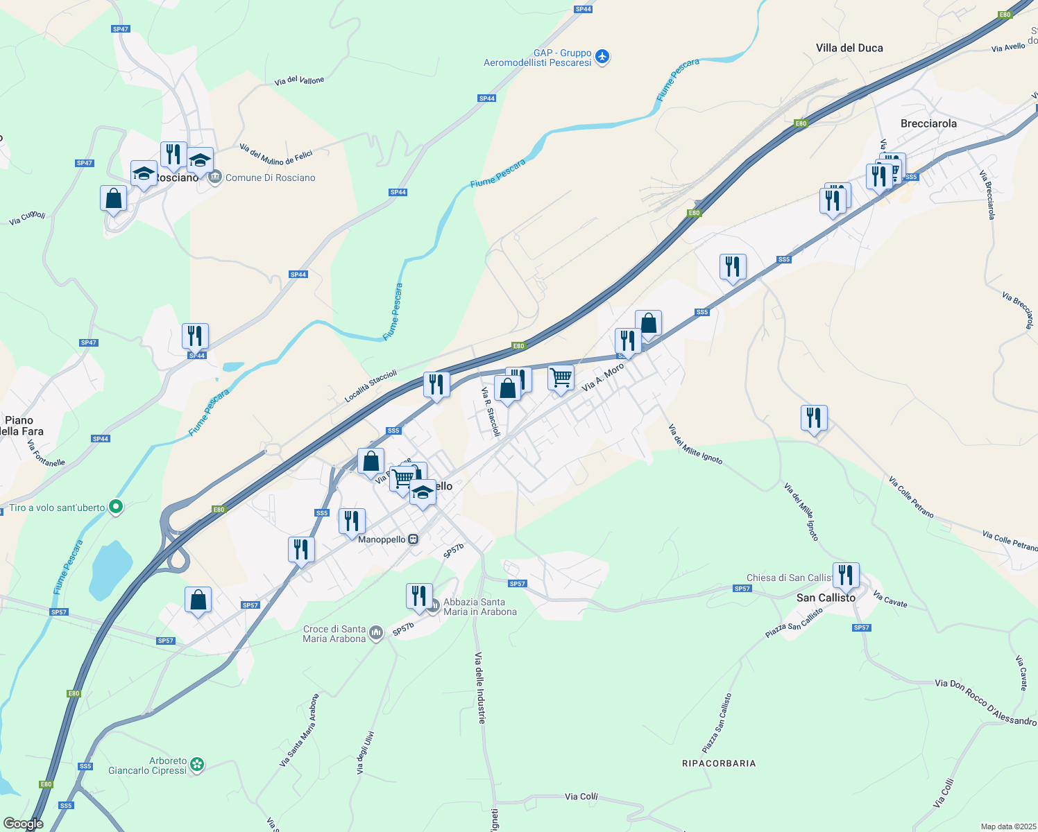 map of restaurants, bars, coffee shops, grocery stores, and more near 20 Via Barbanera in Manoppello Scalo