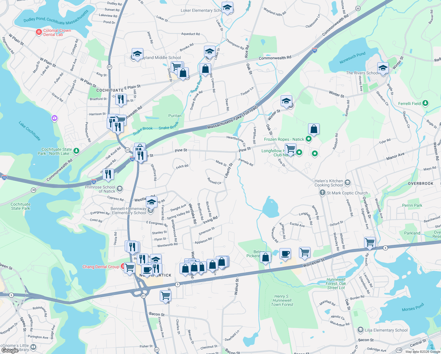map of restaurants, bars, coffee shops, grocery stores, and more near 23 Russell Circle in Natick