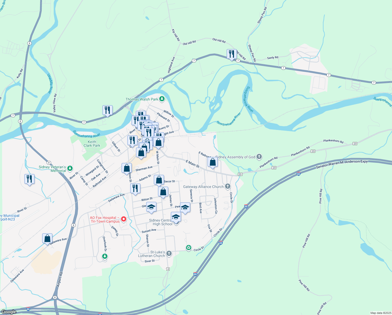 map of restaurants, bars, coffee shops, grocery stores, and more near 7 Orchard St in Sidney