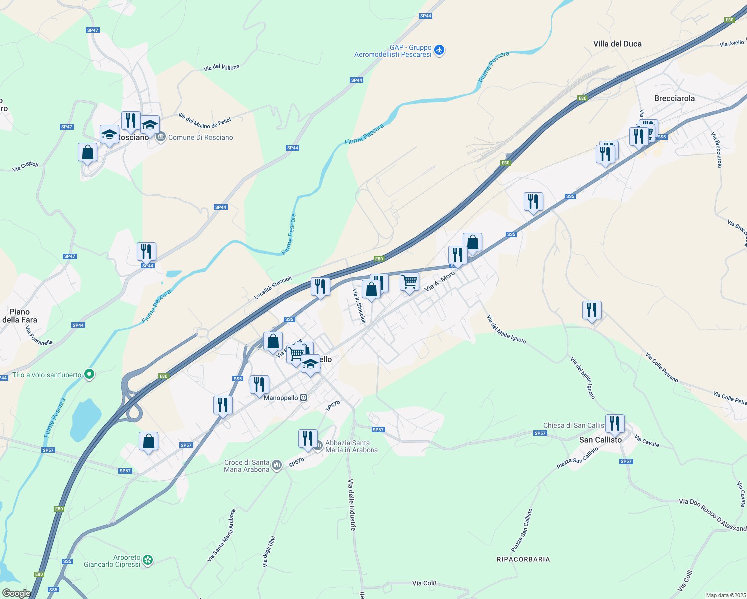map of restaurants, bars, coffee shops, grocery stores, and more near 20 Via Barbanera in Manoppello Scalo