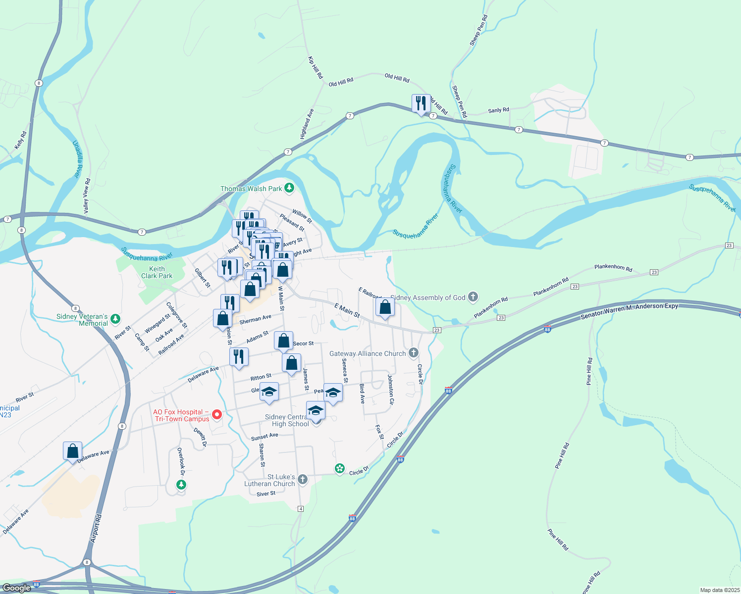 map of restaurants, bars, coffee shops, grocery stores, and more near 64 E Railroad St in Sidney
