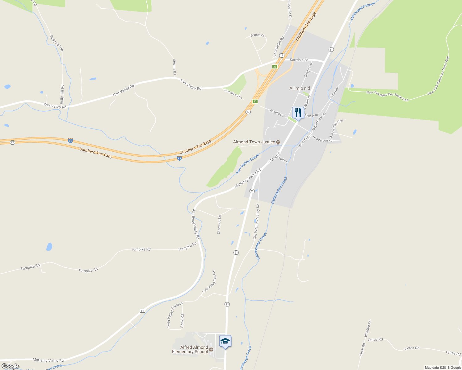 map of restaurants, bars, coffee shops, grocery stores, and more near 418 McHenry Valley Road in Almond