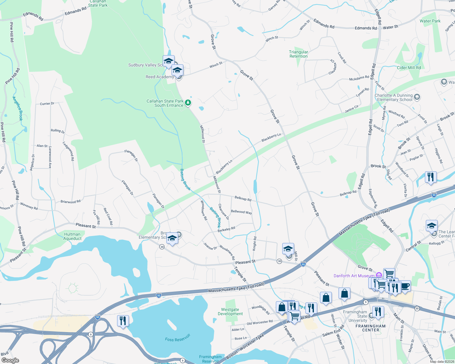 map of restaurants, bars, coffee shops, grocery stores, and more near 65 Millwood Street in Framingham