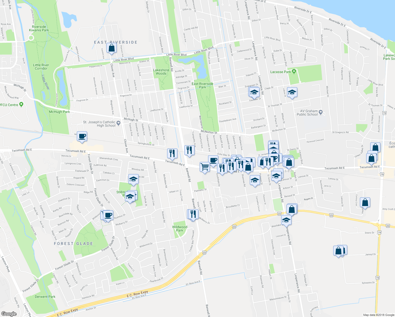 map of restaurants, bars, coffee shops, grocery stores, and more near 11662 Tecumseh Road East in Windsor
