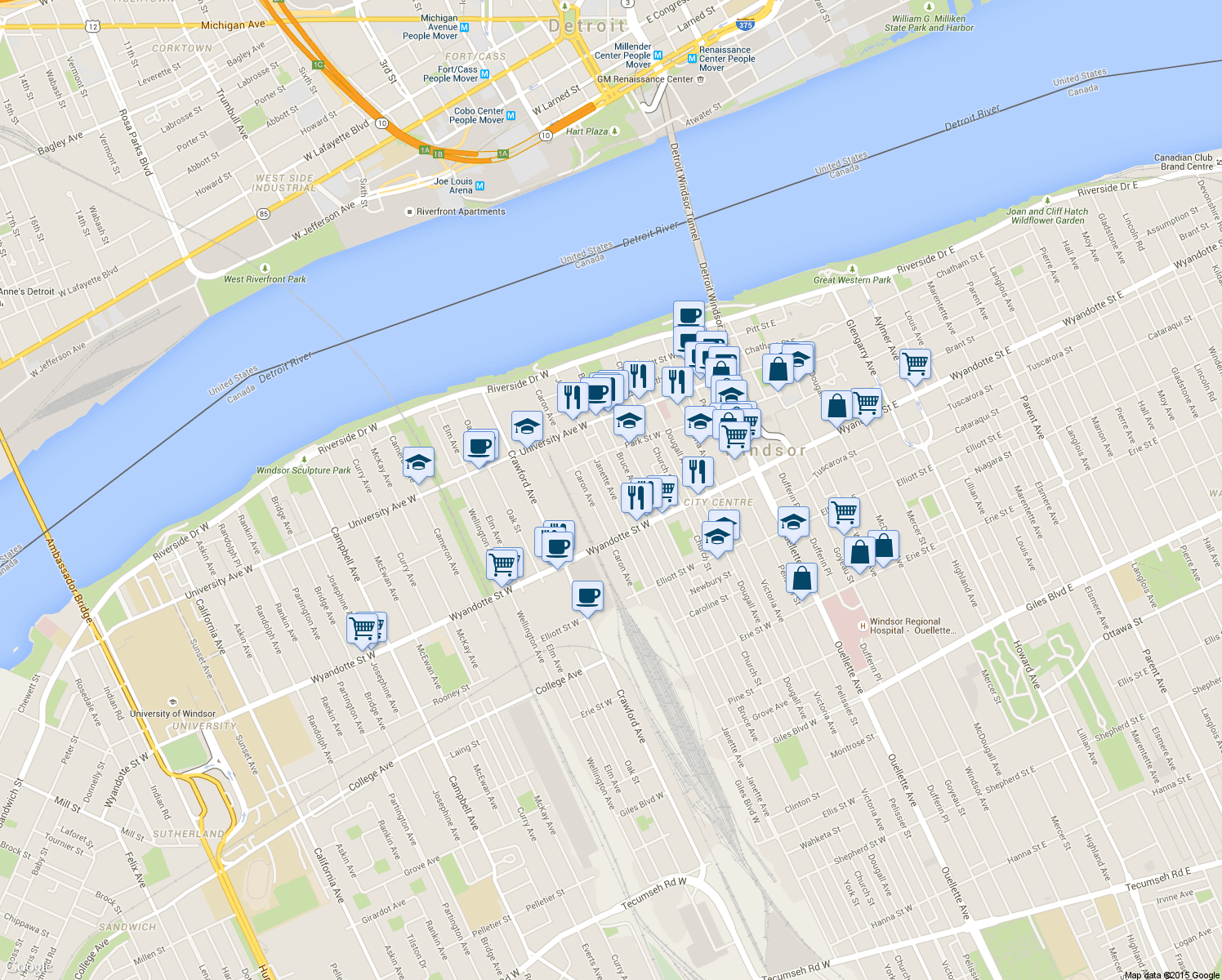 map of restaurants, bars, coffee shops, grocery stores, and more near 488 Janette Avenue in Windsor