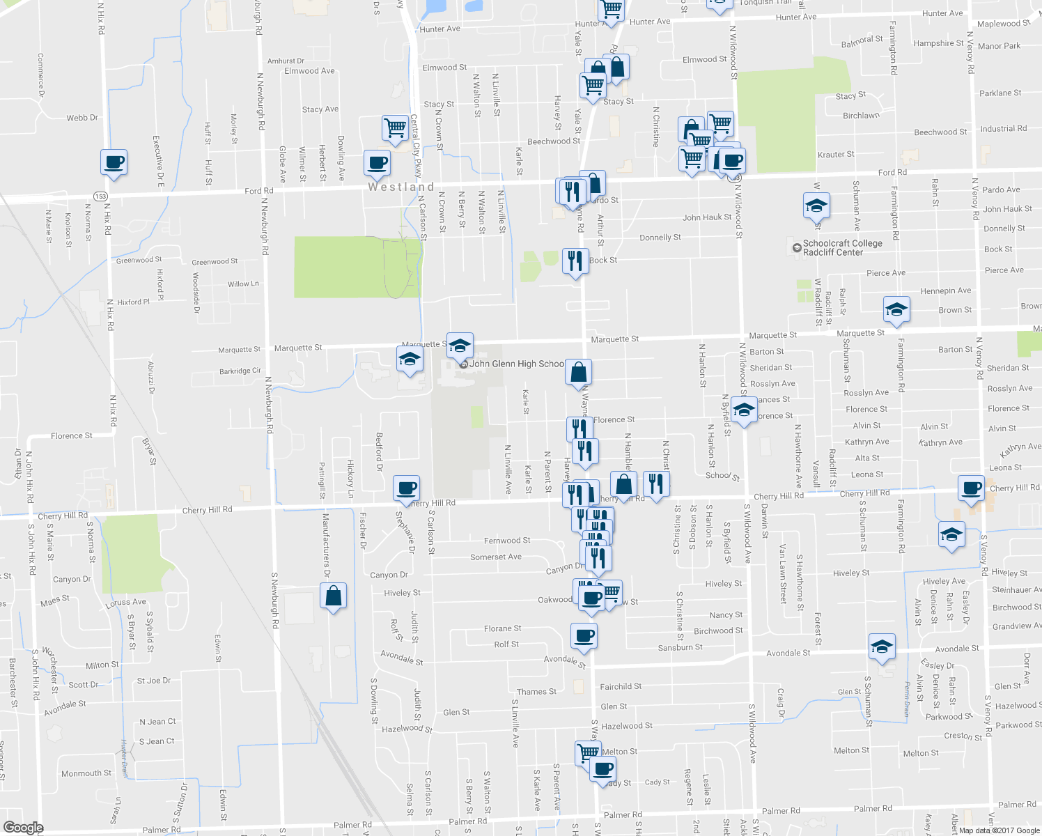 map of restaurants, bars, coffee shops, grocery stores, and more near 615 Karle Street in Westland