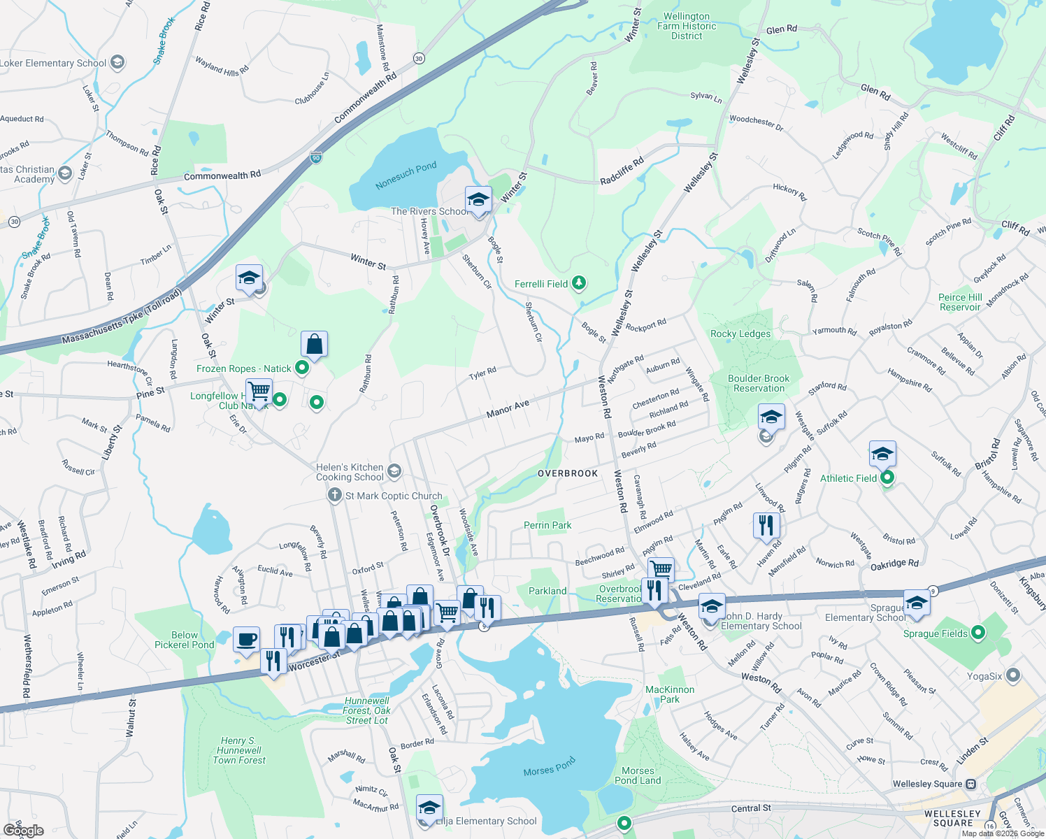 map of restaurants, bars, coffee shops, grocery stores, and more near 17 Fenmere Avenue in Wellesley