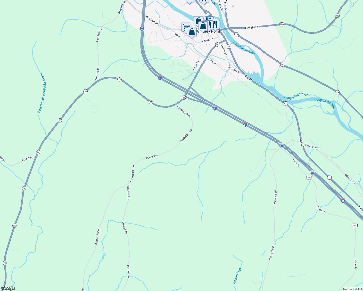 map of restaurants, bars, coffee shops, grocery stores, and more near 616 Pendell Hill Road in Whitney Point