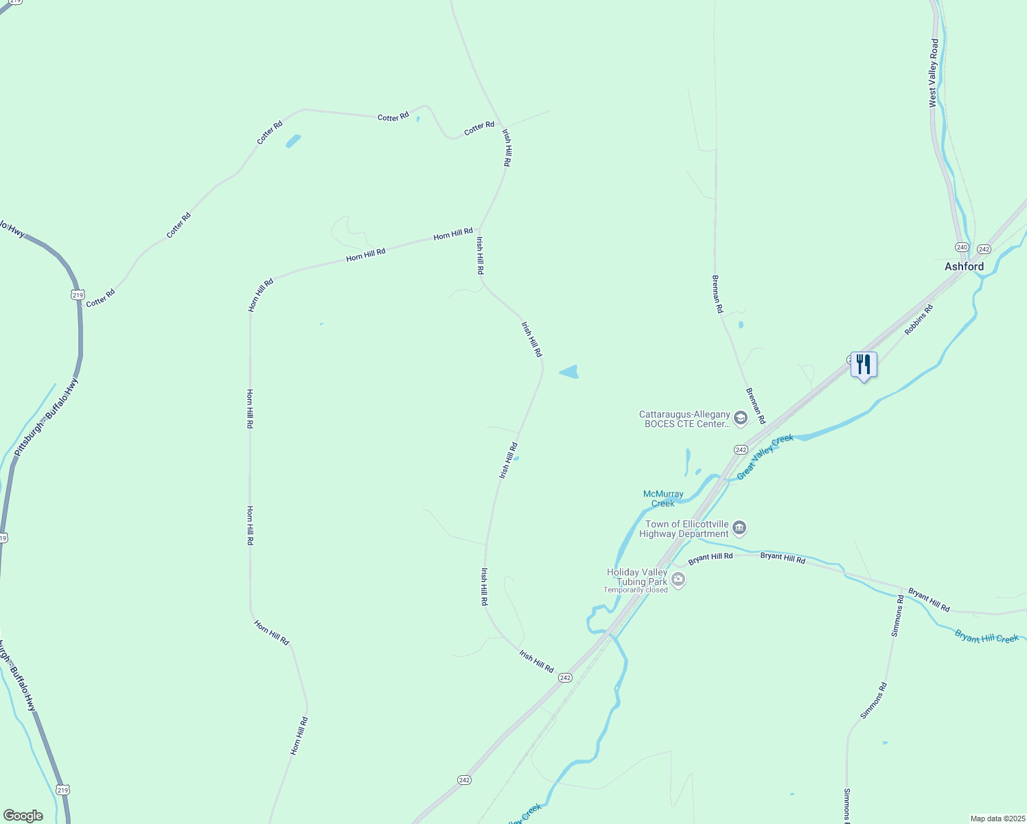 map of restaurants, bars, coffee shops, grocery stores, and more near 7237 Irish Hill Rd in Ellicottville