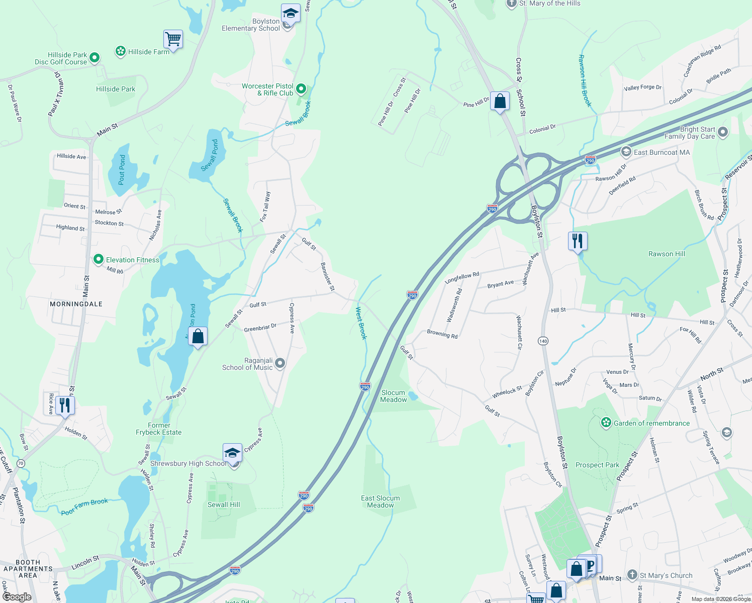 map of restaurants, bars, coffee shops, grocery stores, and more near 230 Gulf Street in Shrewsbury