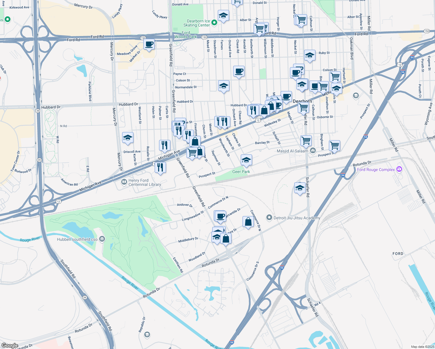 map of restaurants, bars, coffee shops, grocery stores, and more near 15105 Prospect Street in Dearborn