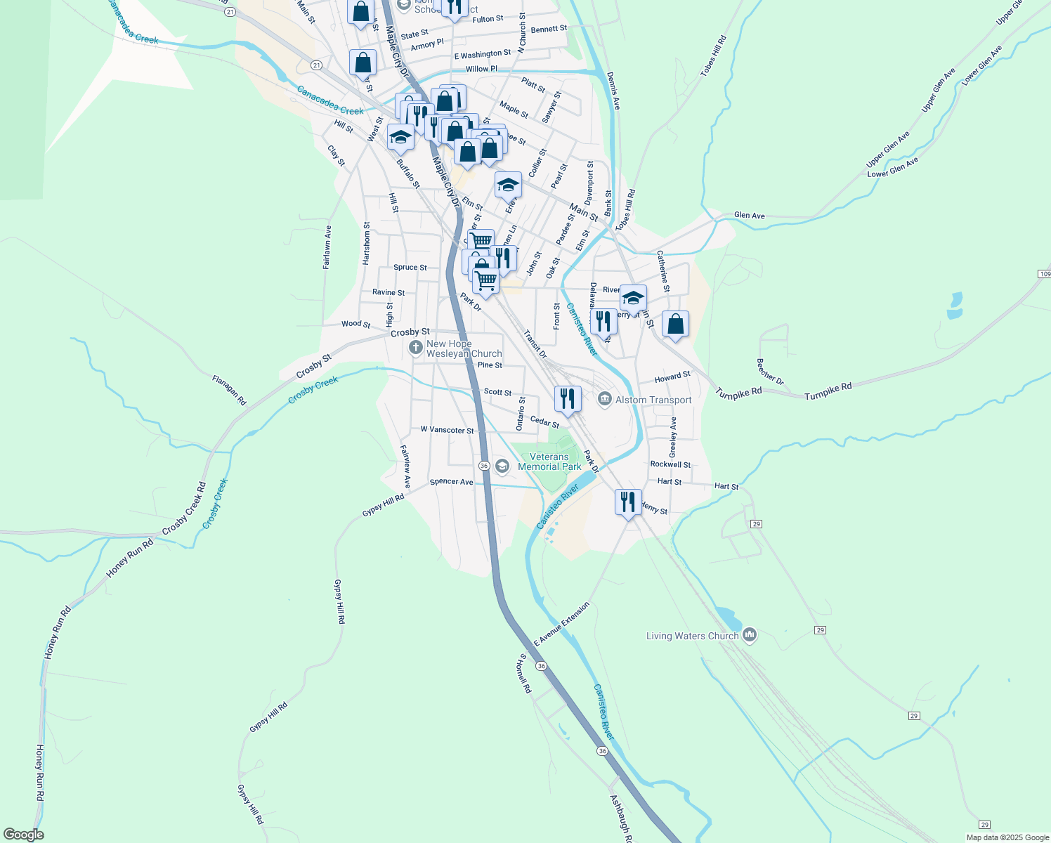 map of restaurants, bars, coffee shops, grocery stores, and more near 73 Cedar St in Hornell