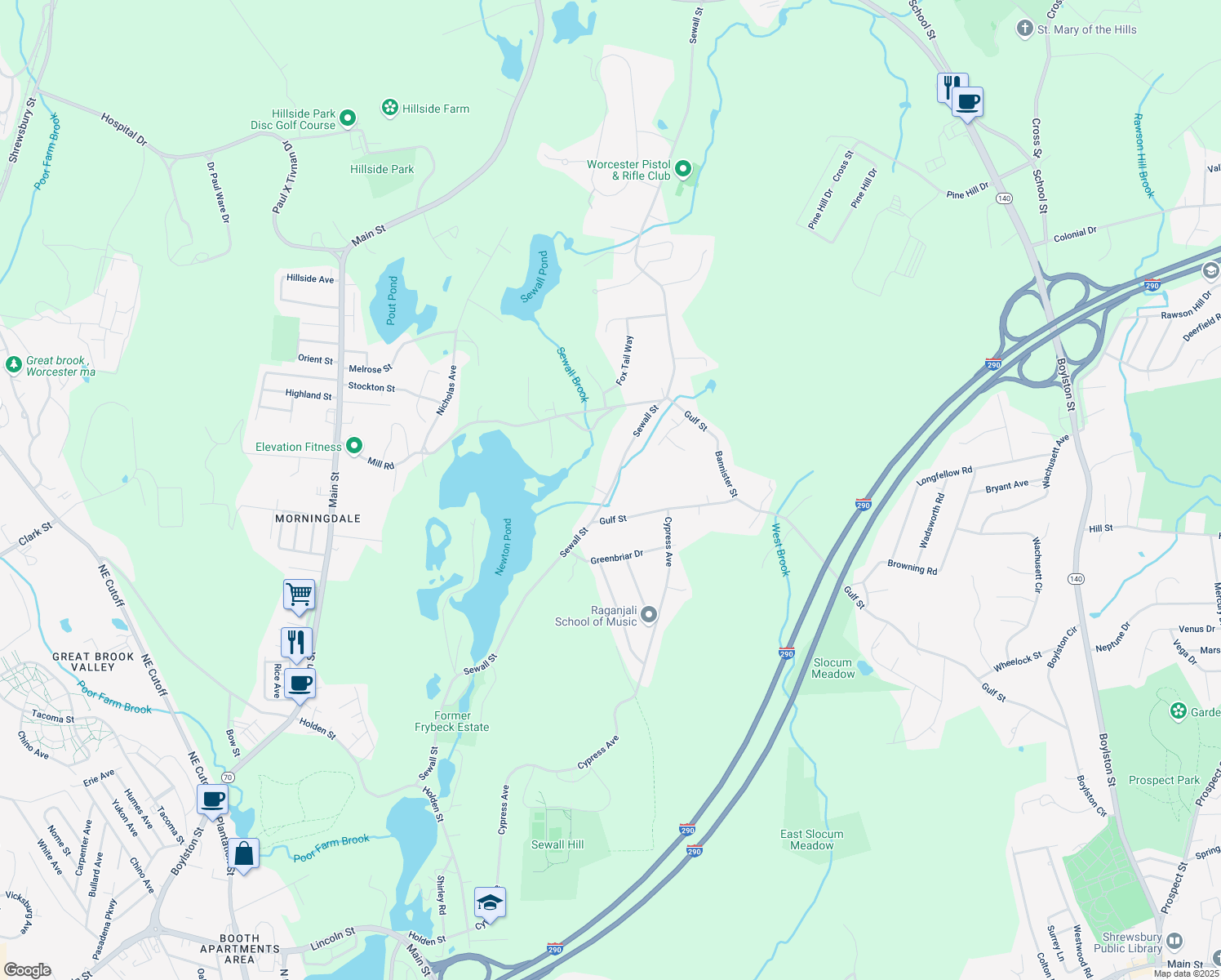 map of restaurants, bars, coffee shops, grocery stores, and more near 70 Sewall Street in Shrewsbury