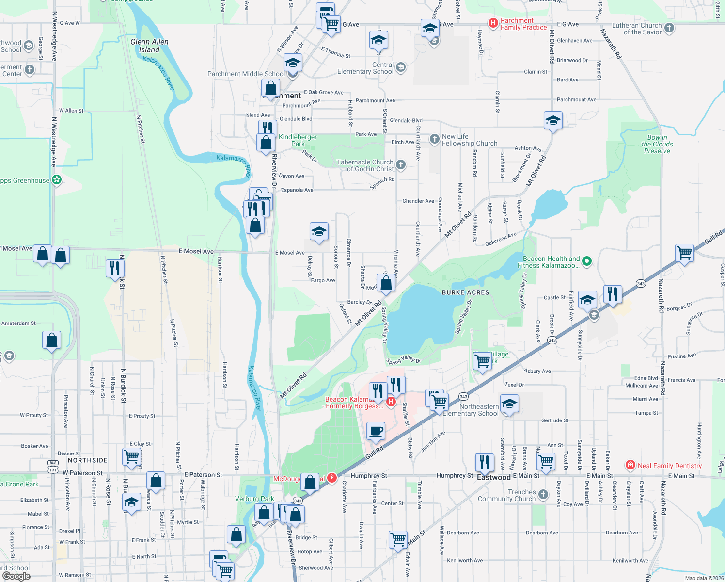 map of restaurants, bars, coffee shops, grocery stores, and more near 2401 Shasta Drive in Kalamazoo Township