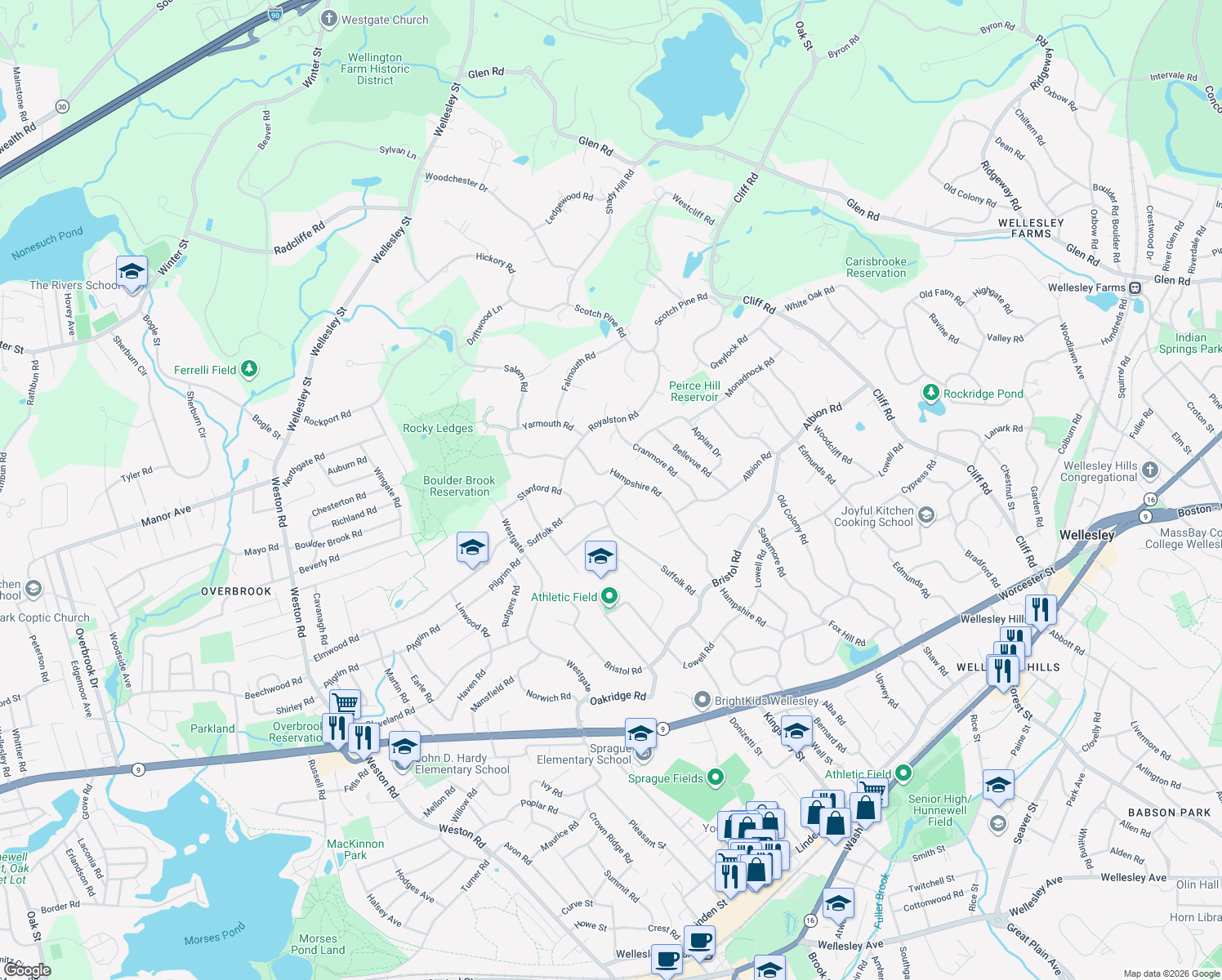 map of restaurants, bars, coffee shops, grocery stores, and more near 9 Shelburne Road in Wellesley