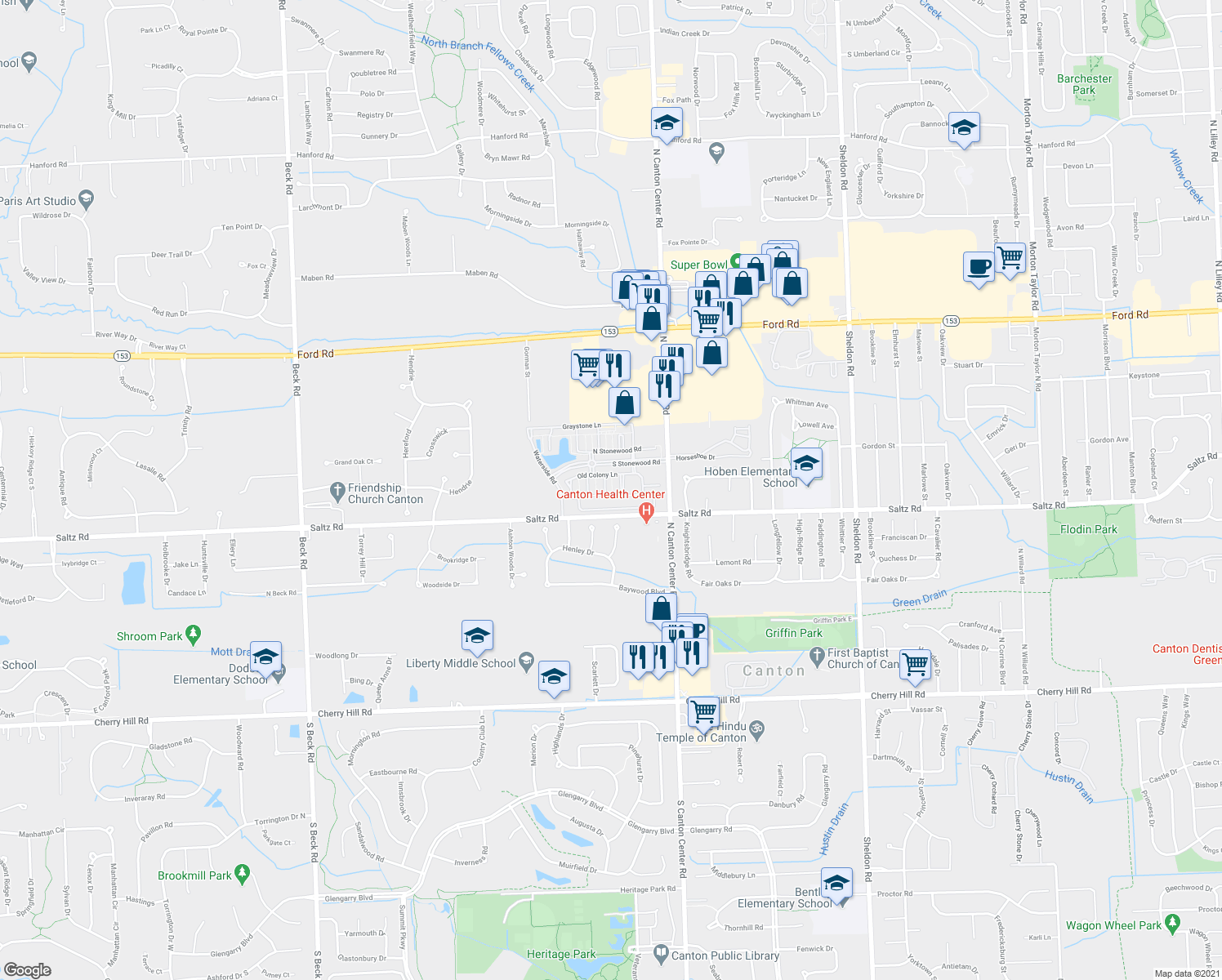 map of restaurants, bars, coffee shops, grocery stores, and more near 1477 North Canton Center Road in Canton