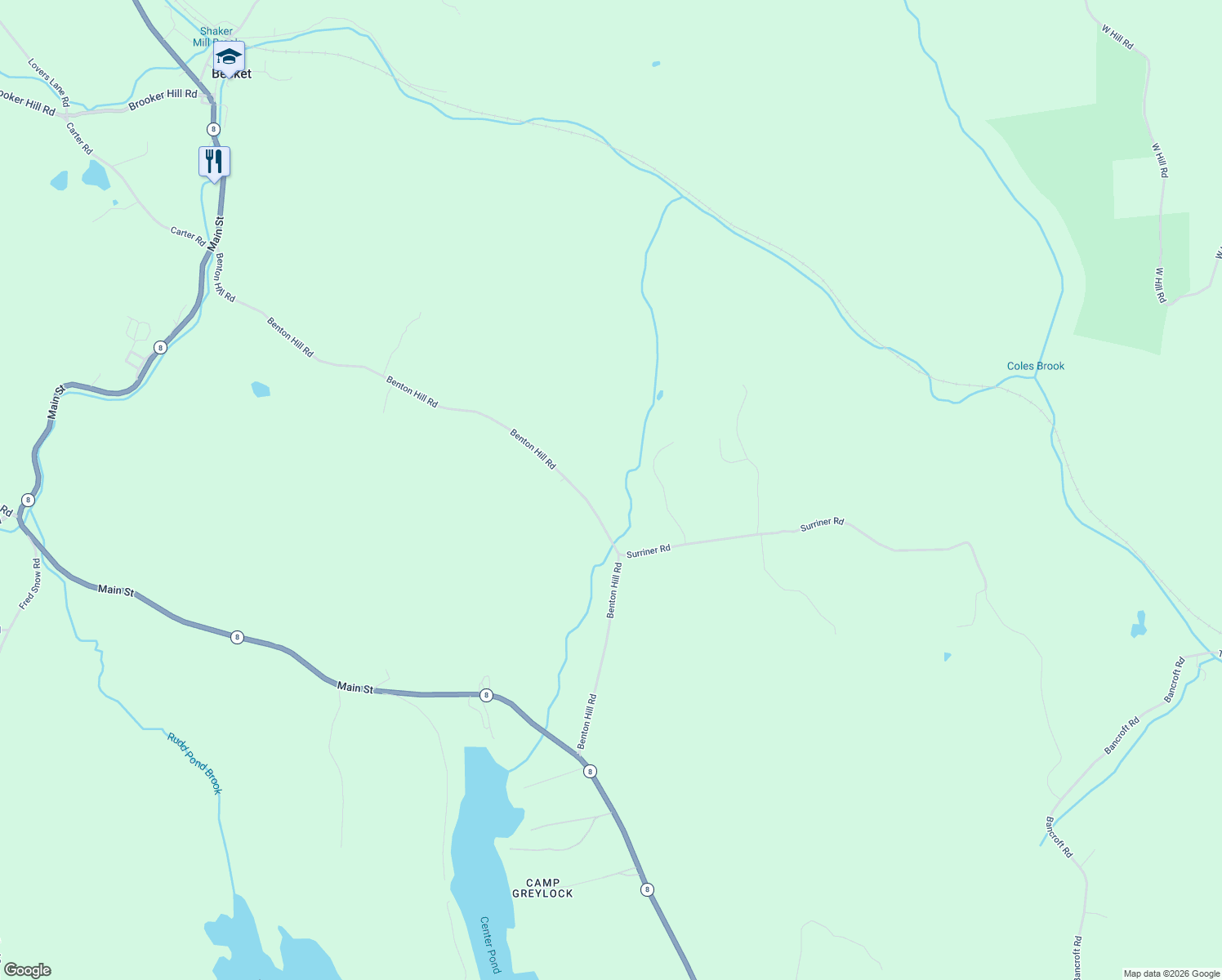 map of restaurants, bars, coffee shops, grocery stores, and more near 282-406 Benton Hill Road in Becket