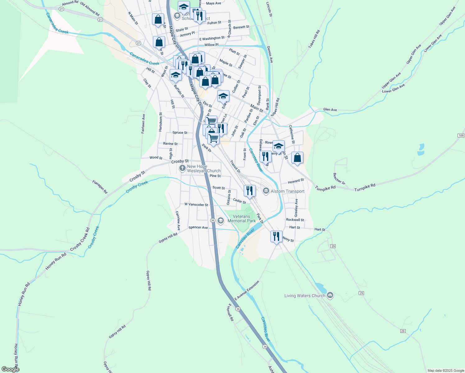 map of restaurants, bars, coffee shops, grocery stores, and more near 364 Ontario St in Hornell