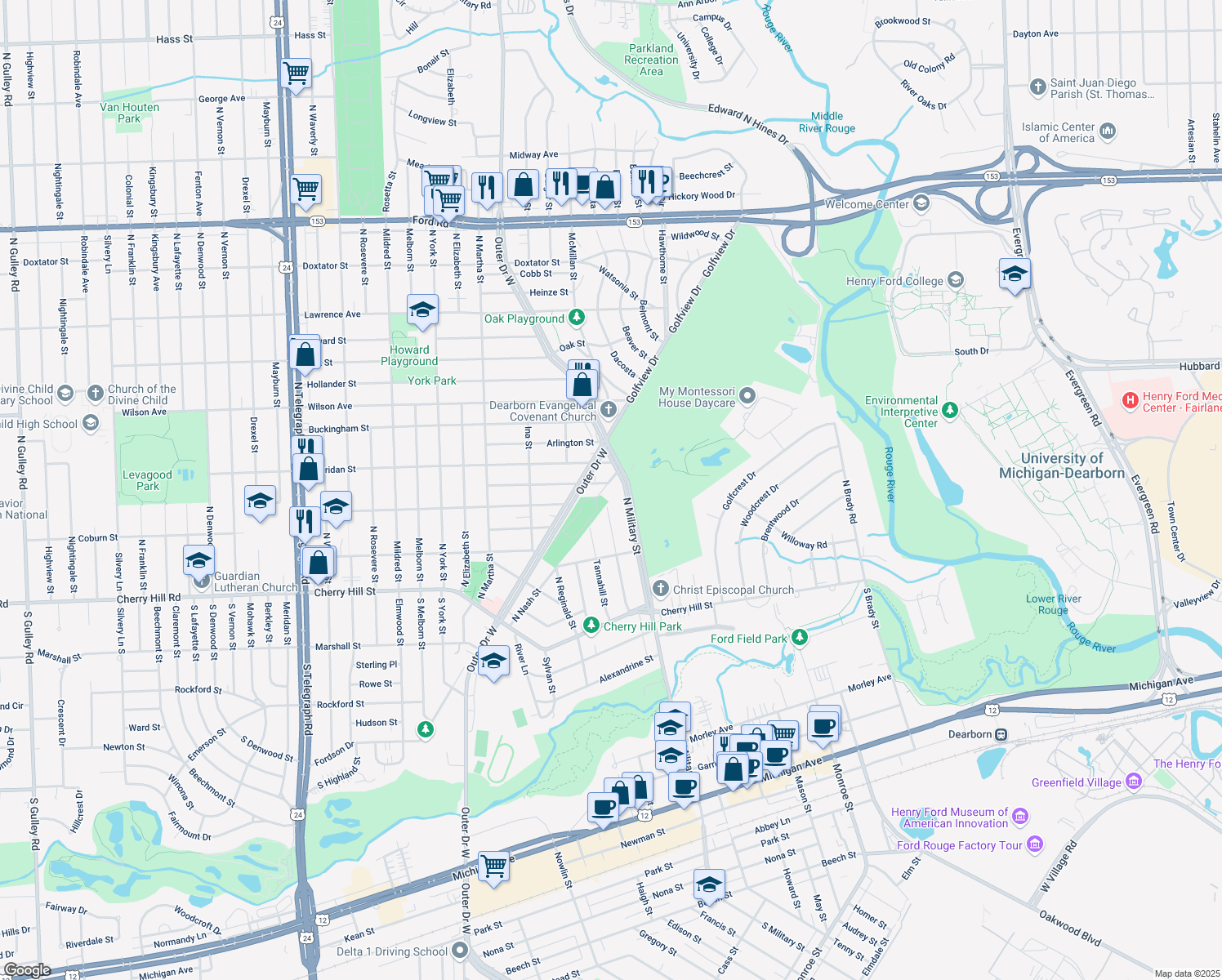 map of restaurants, bars, coffee shops, grocery stores, and more near 654 Kensington Street in Dearborn