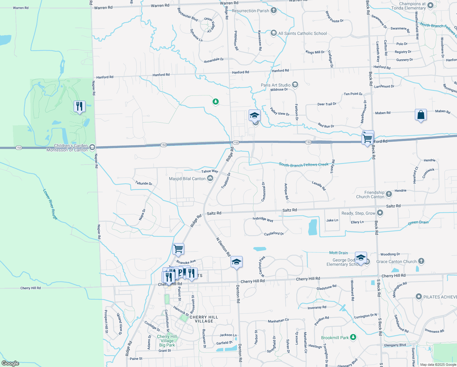 map of restaurants, bars, coffee shops, grocery stores, and more near 1636 Tradition Dr in Canton