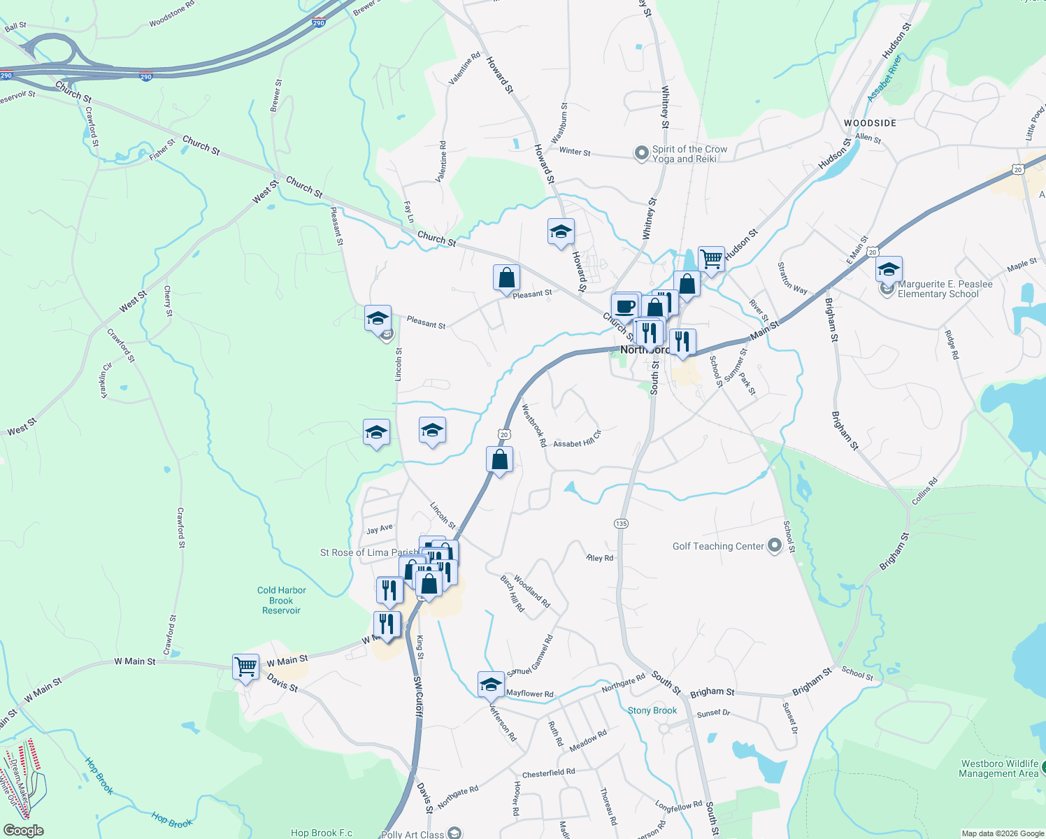 map of restaurants, bars, coffee shops, grocery stores, and more near 14 Westbrook Road in Northborough
