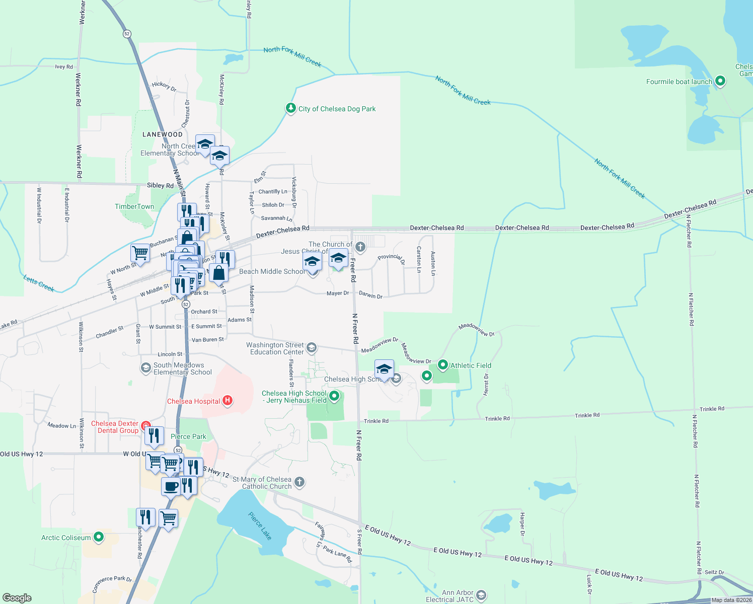 map of restaurants, bars, coffee shops, grocery stores, and more near 740 Darwin Drive in Chelsea