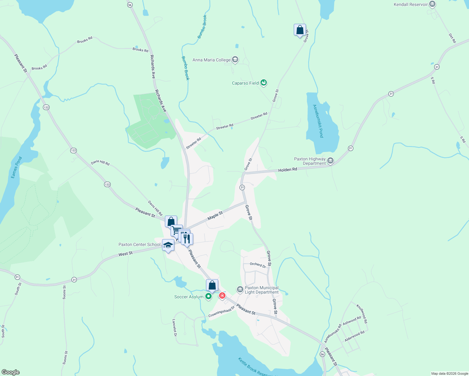 map of restaurants, bars, coffee shops, grocery stores, and more near 207 Grove Street in Paxton